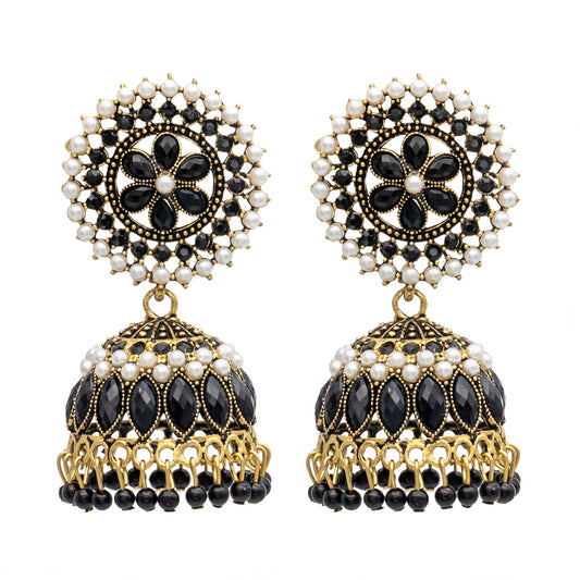 Traditional Indian Gold Plated With Black Colour Polki CZ, Crystal Studded Jhumka Earring For Women - Black (SJE_78_BK)