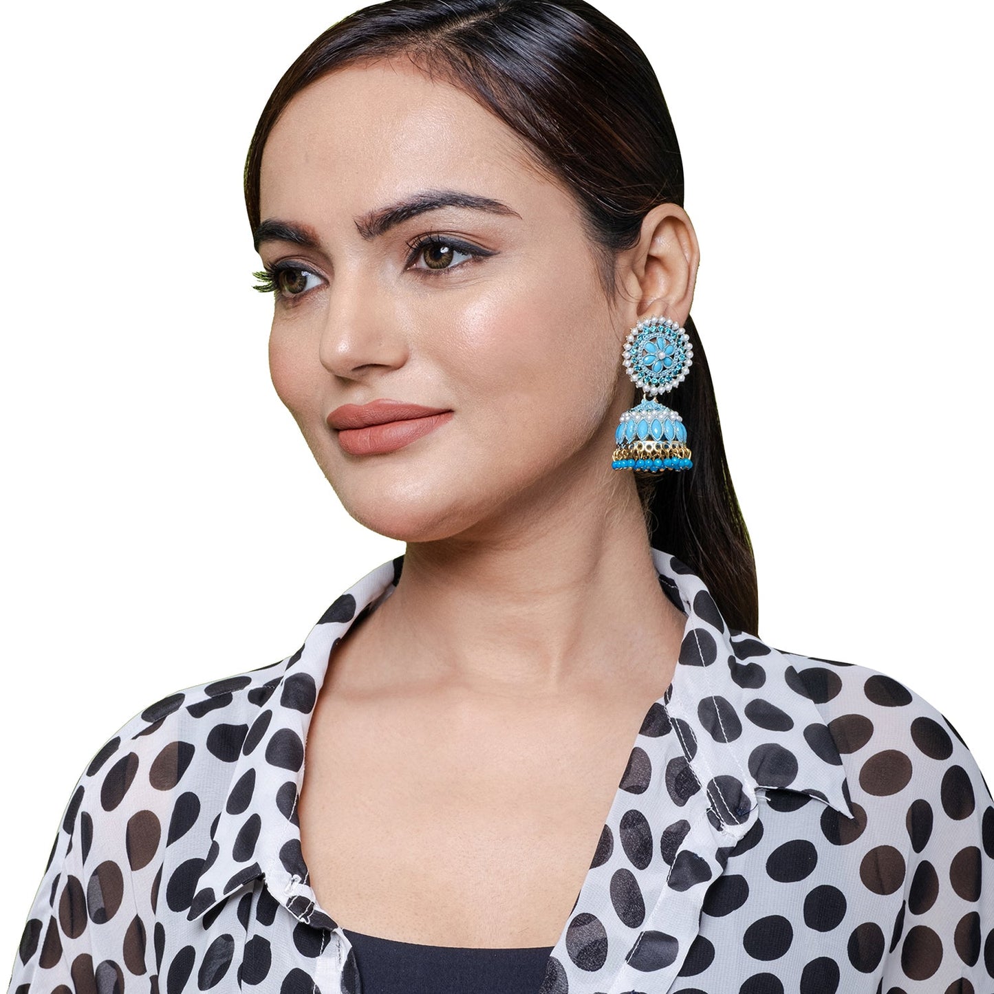 Traditional Indian Gold Plated With Blue Colour Polki CZ, Crystal Studded Jhumka Earring For Women - Blue (SJE_78_BL)