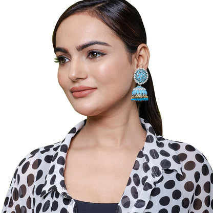 Traditional Indian Gold Plated With Blue Colour Polki CZ, Crystal Studded Jhumka Earring For Women - Blue (SJE_78_BL)