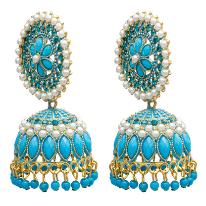 Traditional Indian Gold Plated With Blue Colour Polki CZ, Crystal Studded Jhumka Earring For Women - Blue (SJE_78_BL)
