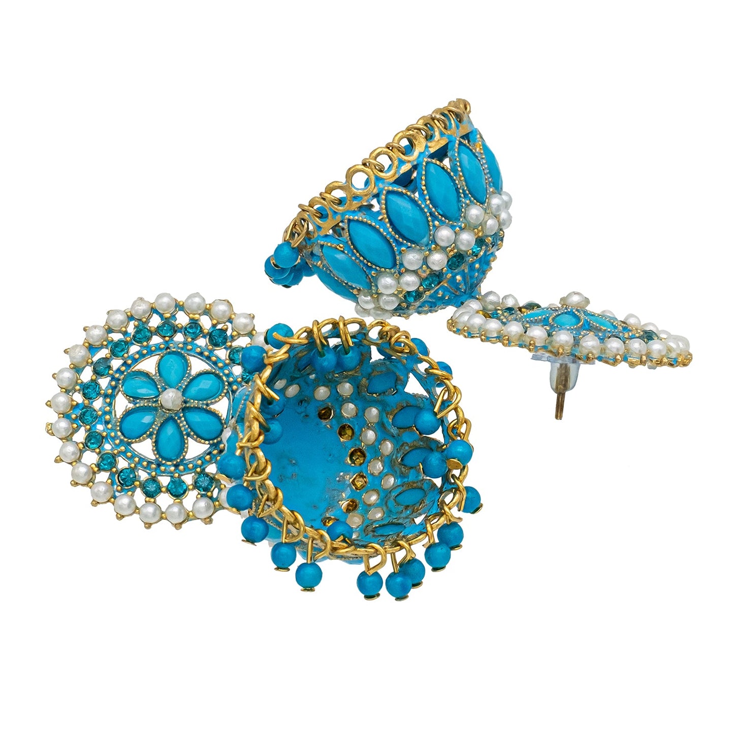 Traditional Indian Gold Plated With Blue Colour Polki CZ, Crystal Studded Jhumka Earring For Women - Blue (SJE_78_BL)