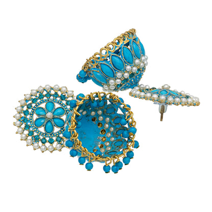 Traditional Indian Gold Plated With Blue Colour Polki CZ, Crystal Studded Jhumka Earring For Women - Blue (SJE_78_BL)