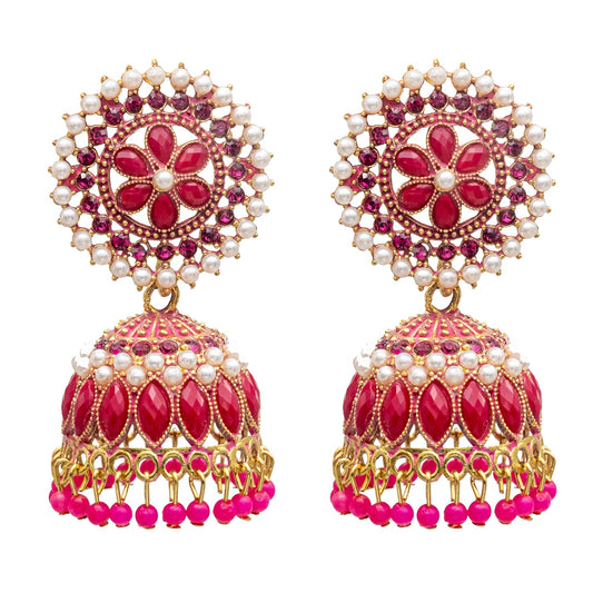 Traditional Indian Gold Plated With Dark Pink Colour Polki CZ, Crystal Studded Jhumka Earring For Women - Dark Pink (SJE_78_DP)