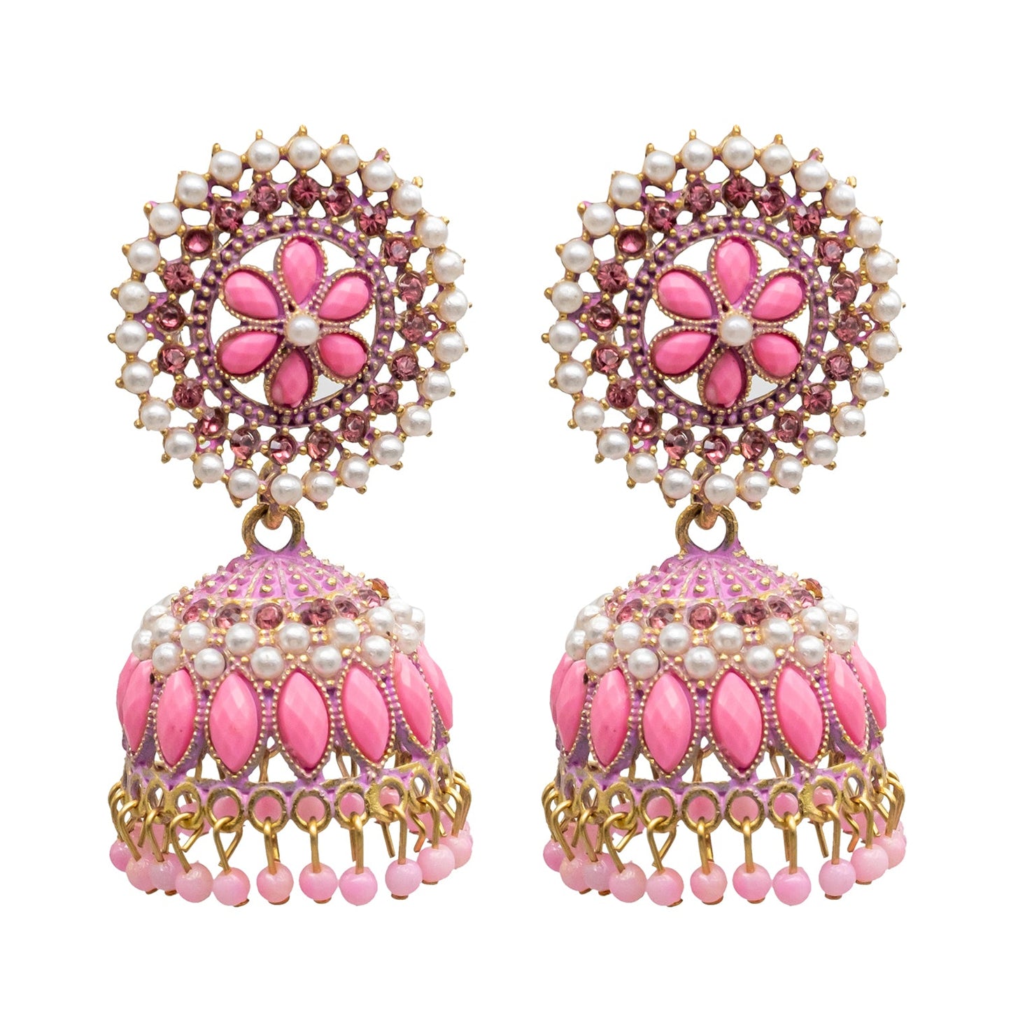 Traditional Indian Gold Plated With Light Pink Colour Polki CZ, Crystal Studded Jhumka Earring For Women - Light Pink (SJE_78_LP)