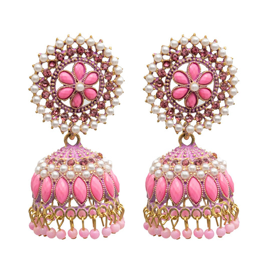 Traditional Indian Gold Plated With Light Pink Colour Polki CZ, Crystal Studded Jhumka Earring For Women - Light Pink (SJE_78_LP)