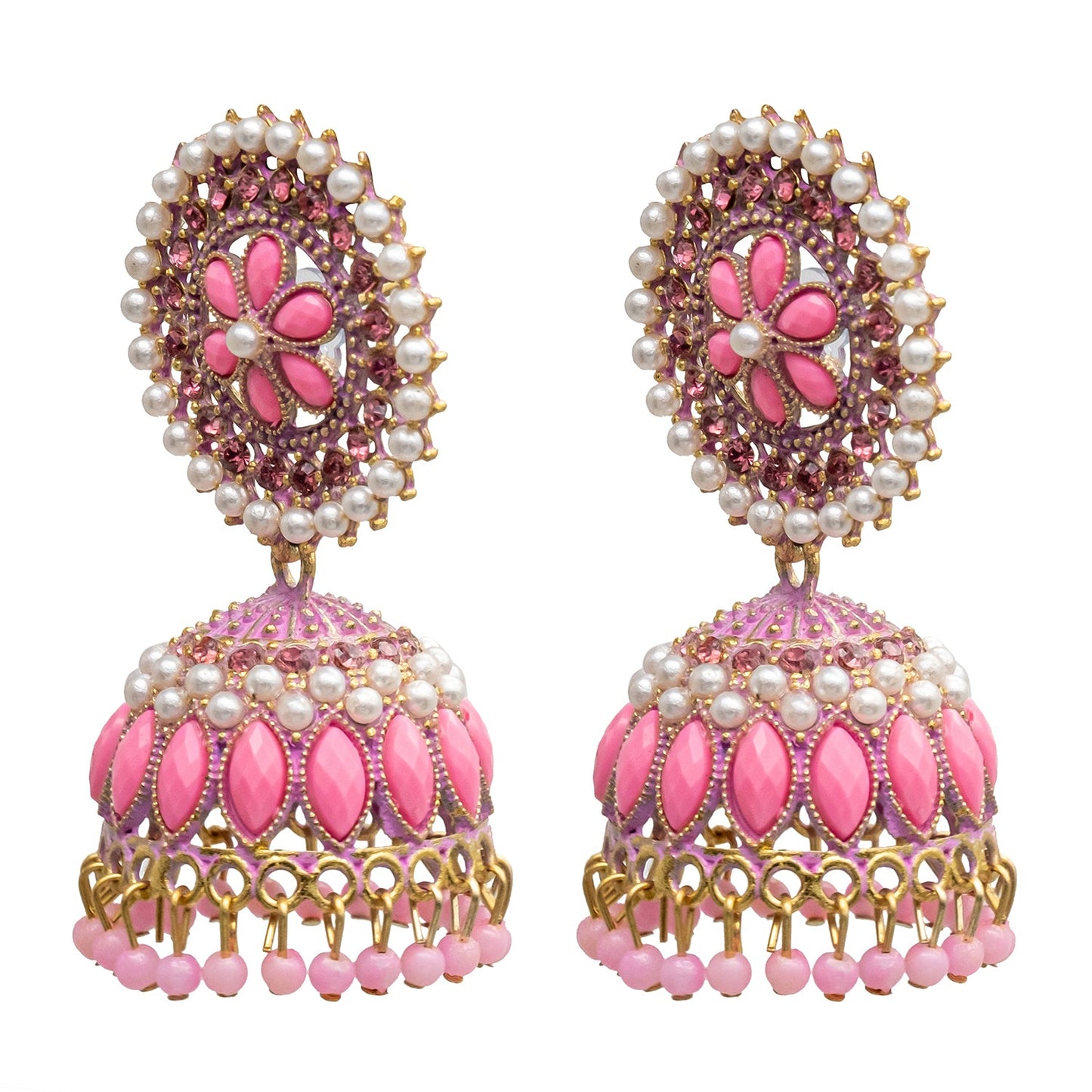 Traditional Indian Gold Plated With Light Pink Colour Polki CZ, Crystal Studded Jhumka Earring For Women - Light Pink (SJE_78_LP)