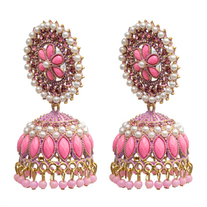 Traditional Indian Gold Plated With Light Pink Colour Polki CZ, Crystal Studded Jhumka Earring For Women - Light Pink (SJE_78_LP)