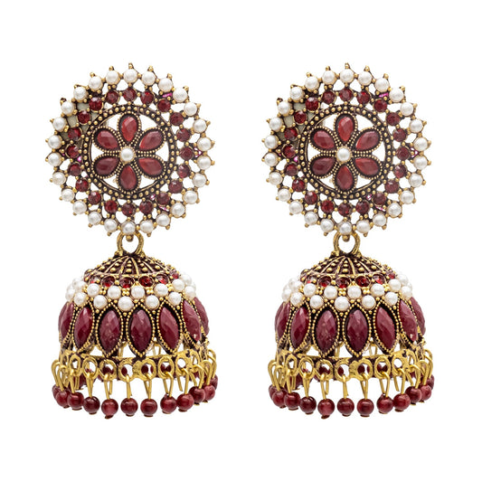 Traditional Indian Gold Plated With Maroon Colour Polki CZ, Crystal Studded Jhumka Earring For Women - Maroon (SJE_78_M)
