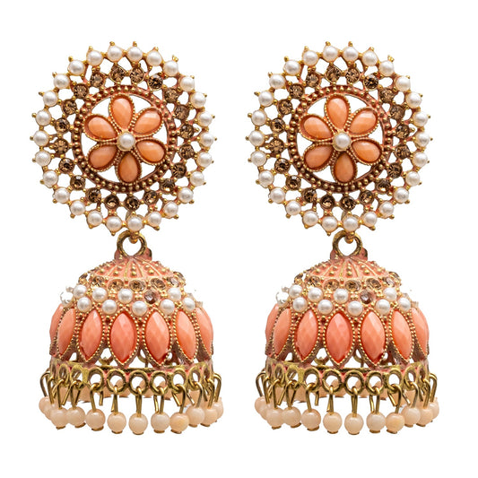 Traditional Indian Gold Plated With Orange Colour Polki CZ, Crystal Studded Jhumka Earring For Women - Orange (SJE_78_O)