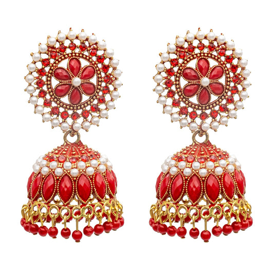 Traditional Indian Gold Plated With Red Colour Polki CZ, Crystal Studded Jhumka Earring For Women - Red (SJE_78_R)