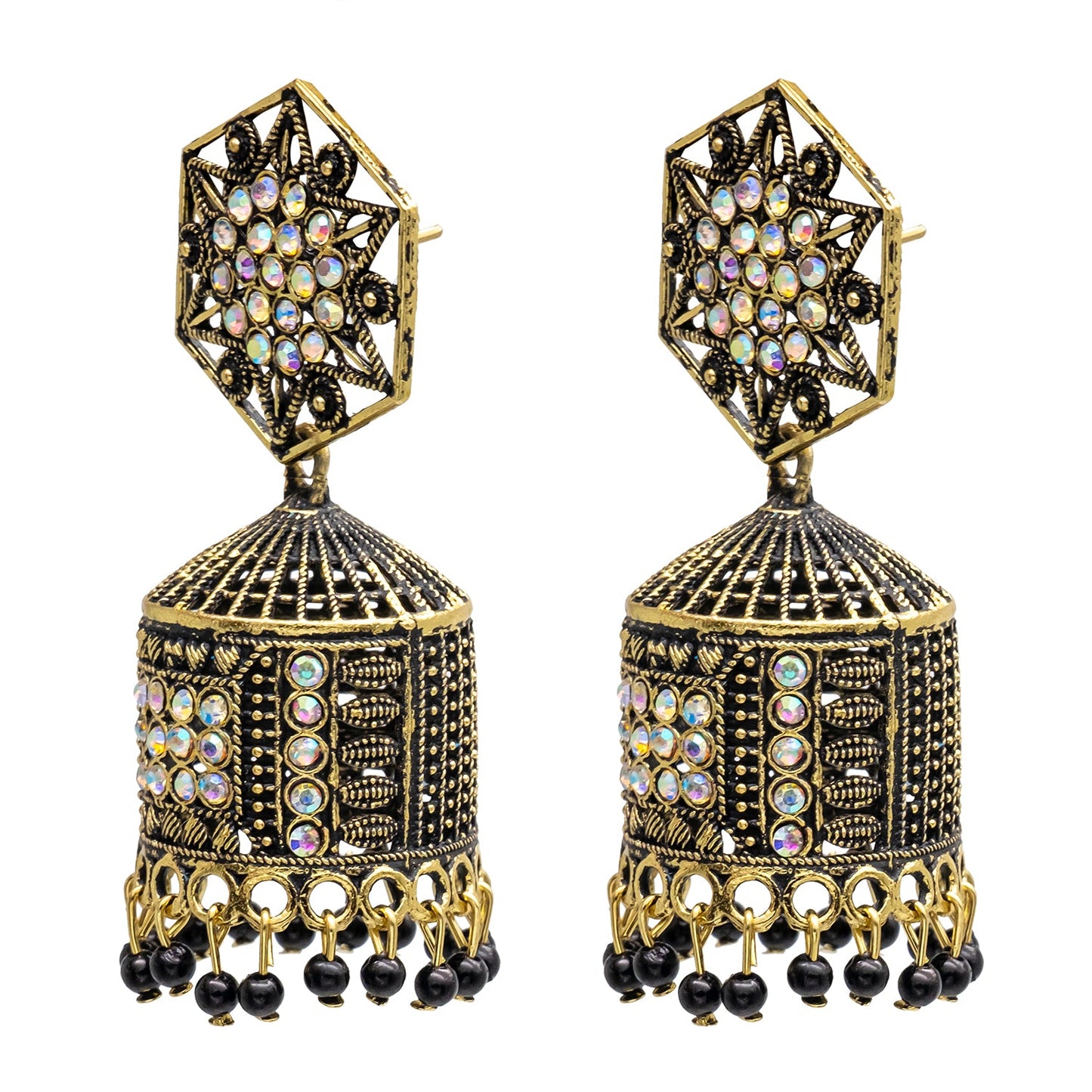 Traditional Indian Gold Plated With Black Colour CZ, Crystal Studded Jhumka Earring For Women - Black (SJE_79_BK)