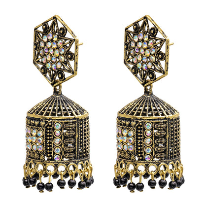 Traditional Indian Gold Plated With Black Colour CZ, Crystal Studded Jhumka Earring For Women - Black (SJE_79_BK)