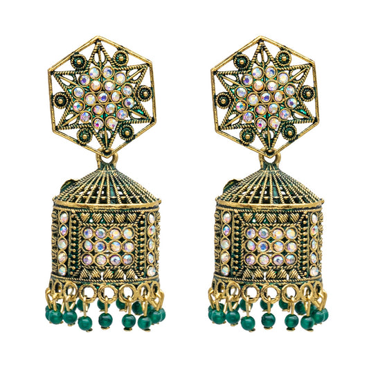 Traditional Indian Gold Plated With Green Colour CZ, Crystal Studded Jhumka Earring For Women - Green(SJE_79_G)
