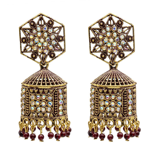 Traditional Indian Gold Plated With Maroon Colour CZ, Crystal Studded Jhumka Earring For Women -Maroon (SJE_79_M)