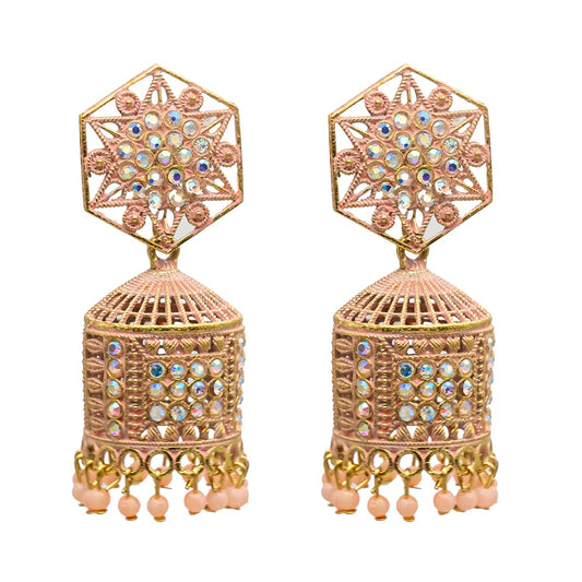Traditional Indian Gold Plated With Orange Colour CZ, Crystal Studded Jhumka Earring For Women -Orange (SJE_79_O)