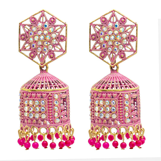 Traditional Indian Gold Plated With Pink Colour CZ, Crystal Studded Jhumka Earring For Women - Pink (SJE_79_P)