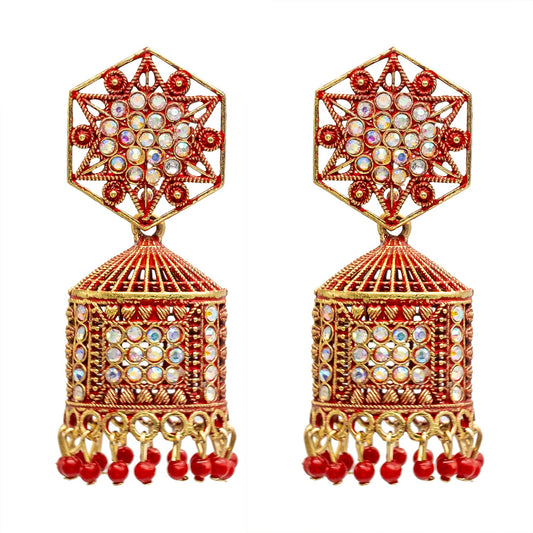 Traditional Indian Gold Plated With Red Colour CZ, Crystal Studded Jhumka Earring For Women -Red (SJE_79_R)