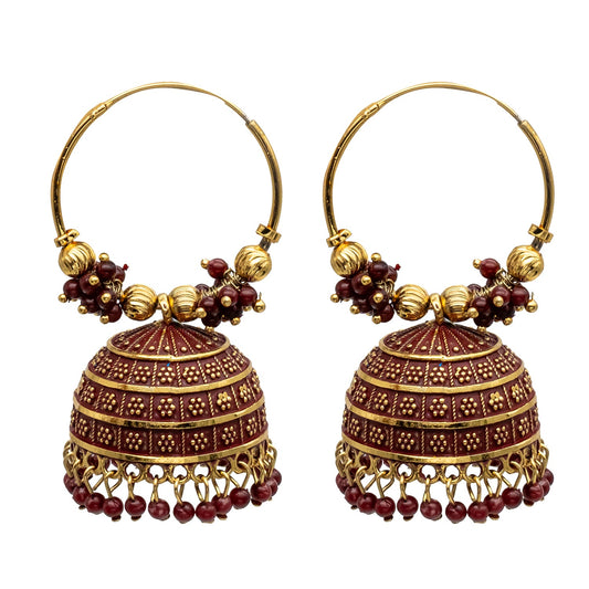 Traditional Indian Gold Plated With Maroon Colour CZ, Crystal Studded Jhumka Chand Bali Earring For Women -Maroon (SJE_80_M)