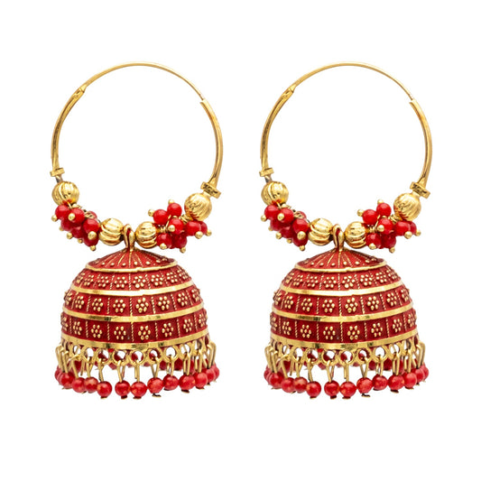 Traditional Indian Gold Plated With Red Colour CZ, Crystal Studded Jhumka Chand Bali Earring For Women -Red (SJE_80_R)