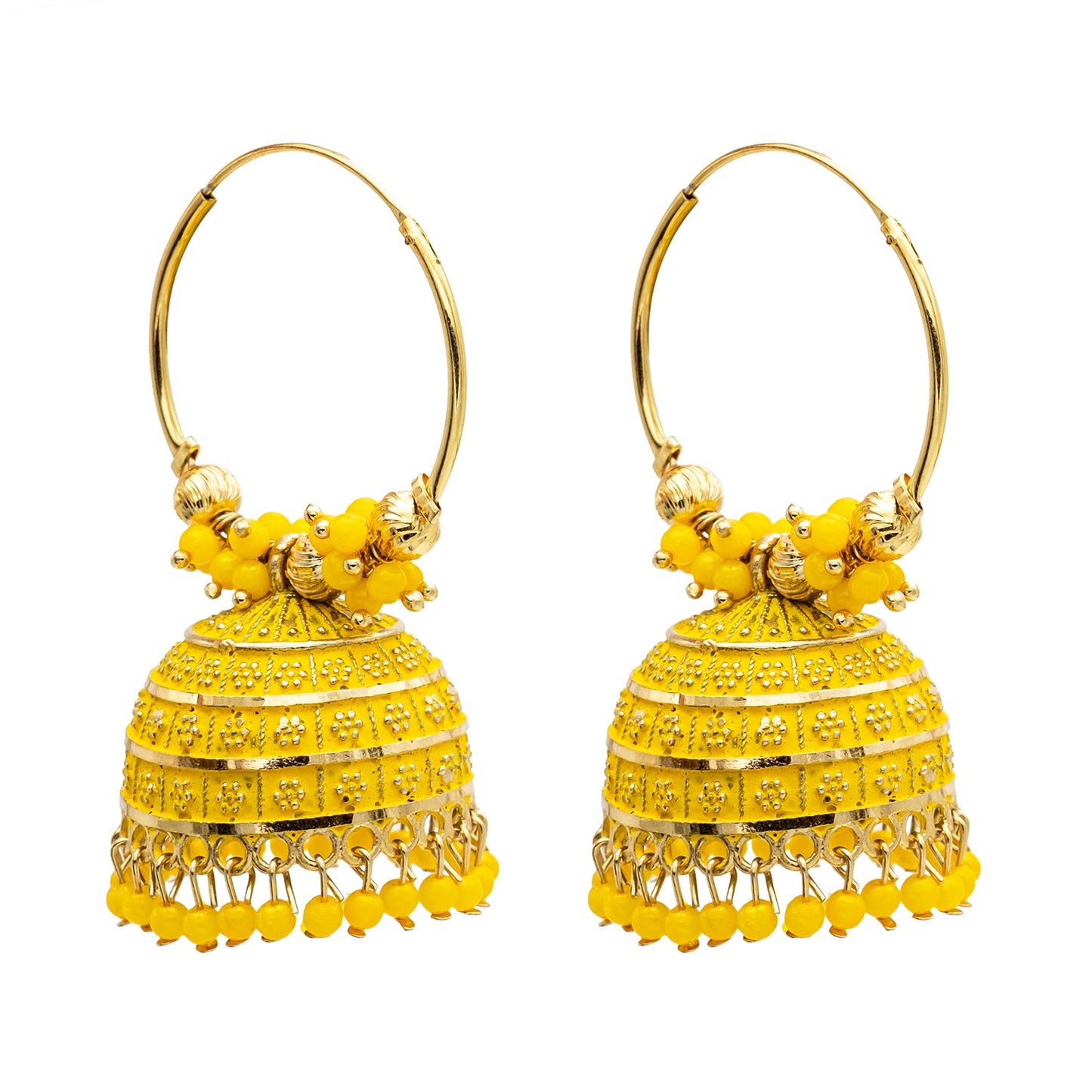 Traditional Indian Gold Plated With Yellow Colour CZ, Crystal Studded Jhumka Chand Bali Earring For Women -Yellow  (SJE_80_Y)
