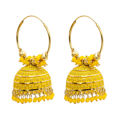 Traditional Indian Gold Plated With Yellow Colour CZ, Crystal Studded Jhumka Chand Bali Earring For Women -Yellow  (SJE_80_Y)