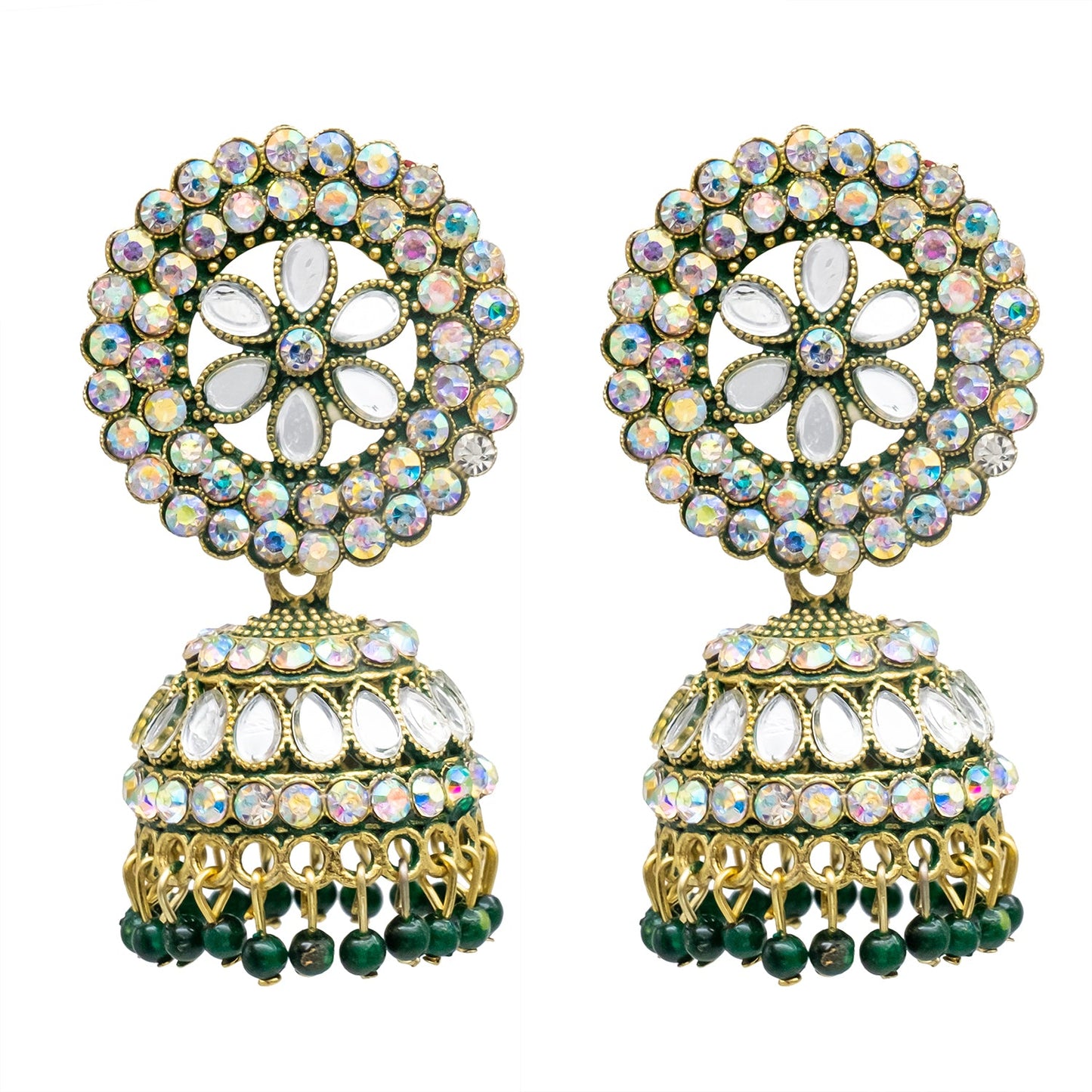 Traditional Indian Gold Plated Green Colour Polki CZ, Crystal Studded Jhumka Earring For Women -Green (SJE_81_G)