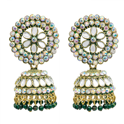 Traditional Indian Gold Plated Green Colour Polki CZ, Crystal Studded Jhumka Earring For Women -Green (SJE_81_G)