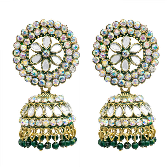 Traditional Indian Gold Plated Green Colour Polki CZ, Crystal Studded Jhumka Earring For Women -Green (SJE_81_G)