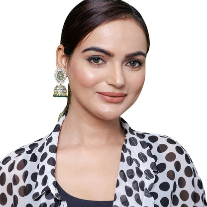 Traditional Indian Gold Plated Green Colour Polki CZ, Crystal Studded Jhumka Earring For Women -Green (SJE_81_G)