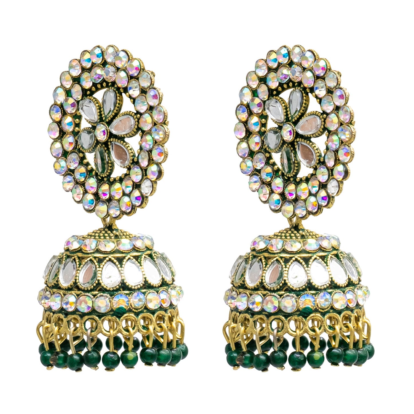 Traditional Indian Gold Plated Green Colour Polki CZ, Crystal Studded Jhumka Earring For Women -Green (SJE_81_G)