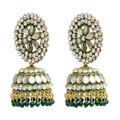 Traditional Indian Gold Plated Green Colour Polki CZ, Crystal Studded Jhumka Earring For Women -Green (SJE_81_G)