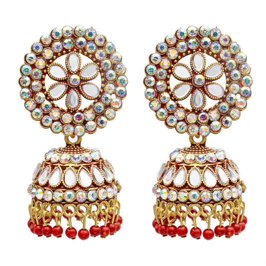 Traditional Indian Gold Plated Red Colour Polki CZ, Crystal Studded Jhumka Earring For Women -Red (SJE_81_R)
