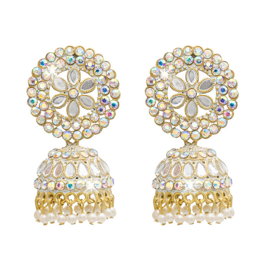 Traditional Indian Gold Plated White Colour Polki CZ, Crystal Studded Jhumka Earring For Women -White (SJE_81_W)