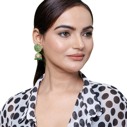Traditional Indian Gold Plated Green With CZ, Crystal Studded Jhumka Earring For Women-Green (SJE_82_G)