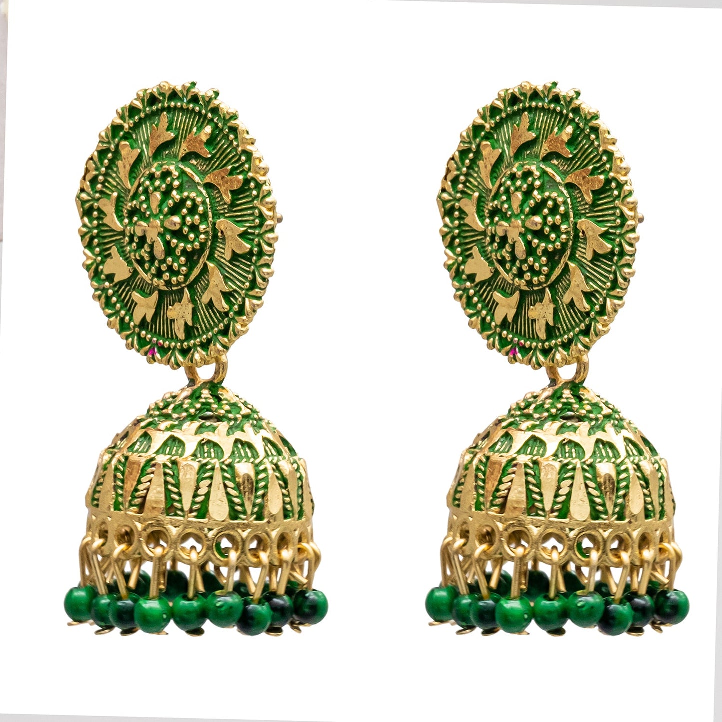 Traditional Indian Gold Plated Green With CZ, Crystal Studded Jhumka Earring For Women-Green (SJE_82_G)