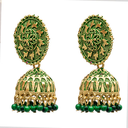 Traditional Indian Gold Plated Green With CZ, Crystal Studded Jhumka Earring For Women-Green (SJE_82_G)