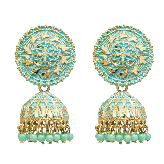 Traditional Indian Gold Plated Light Green With CZ, Crystal Studded Jhumka Earring For Women -Light Green (SJE_82_LG)