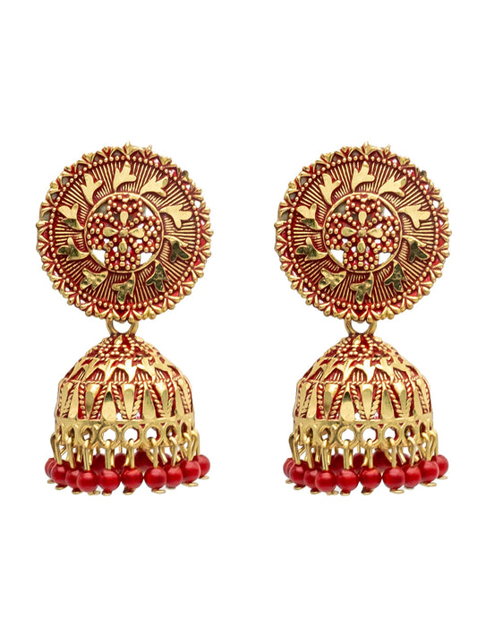 Traditional Indian Gold Plated Maroon With CZ, Crystal Studded Jhumka Earring For Women -Maroon (SJE_82_M)