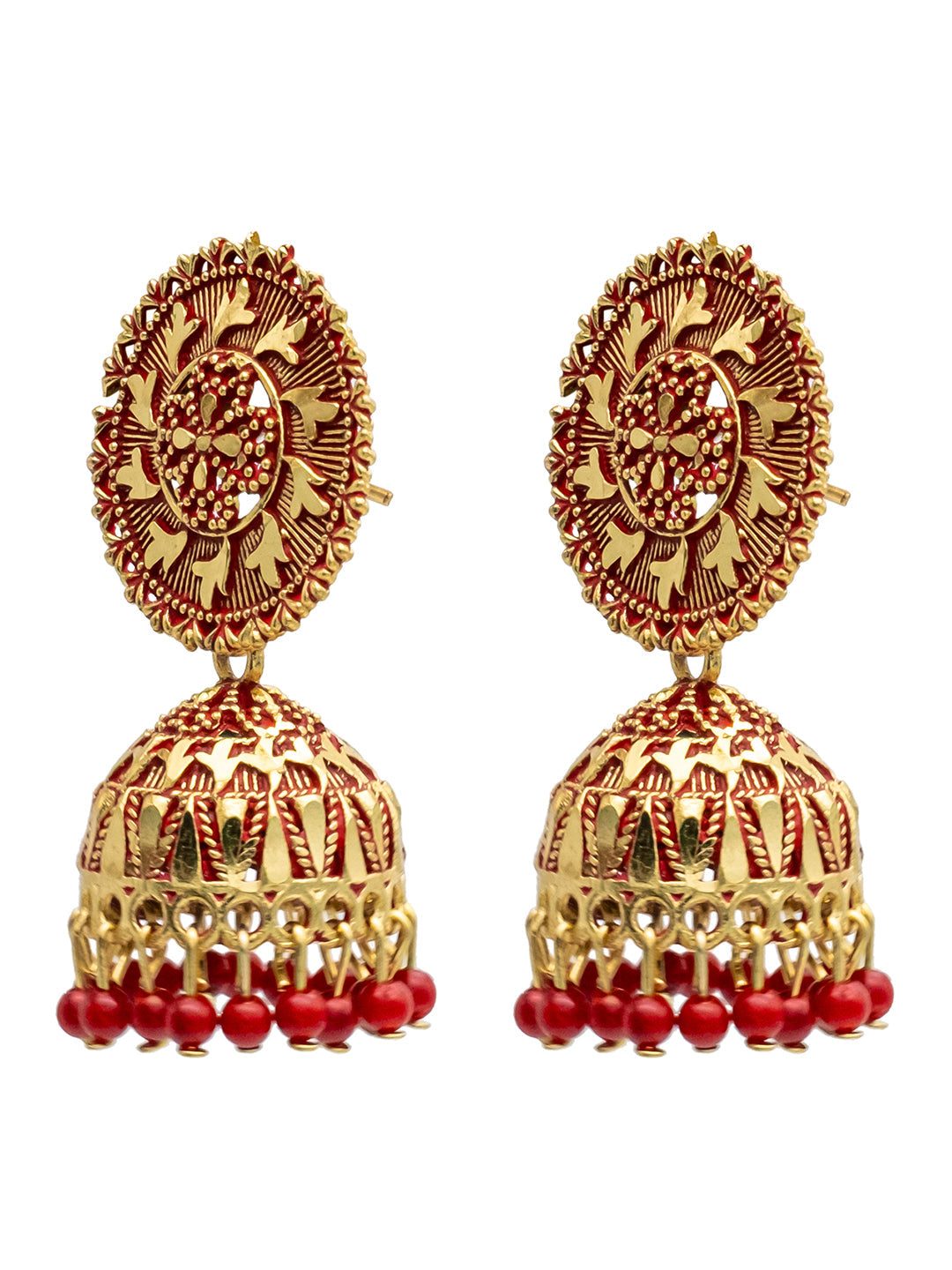 Traditional Indian Gold Plated Maroon With CZ, Crystal Studded Jhumka Earring For Women -Maroon (SJE_82_M)