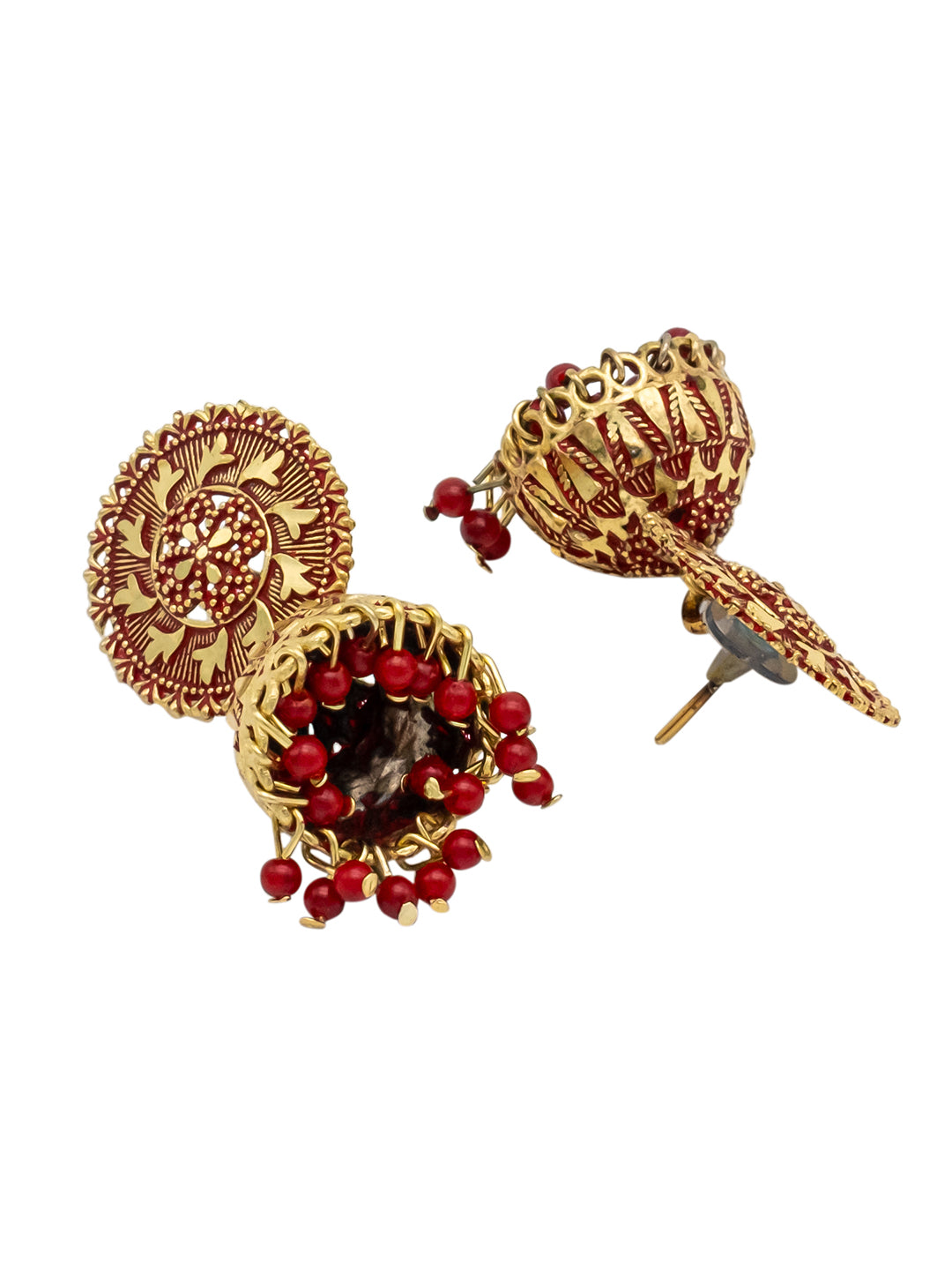 Traditional Indian Gold Plated Maroon With CZ, Crystal Studded Jhumka Earring For Women -Maroon (SJE_82_M)