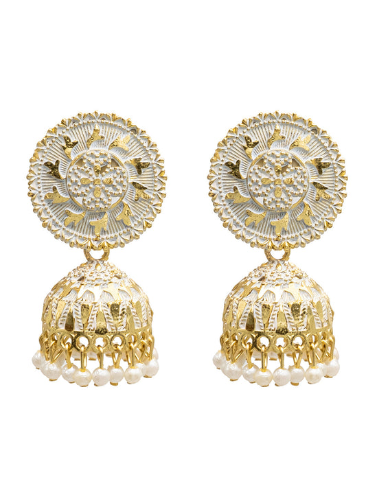 Traditional Indian Gold Plated White With CZ, Crystal Studded Jhumka Earring For Women - White (SJE_82_W)