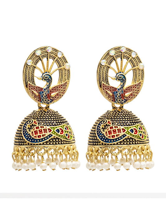 Traditional Indian Gold Plated Blue Colour CZ, Crystal Studded Jhumka Earring For Women -Blue (SJE_83_BL)