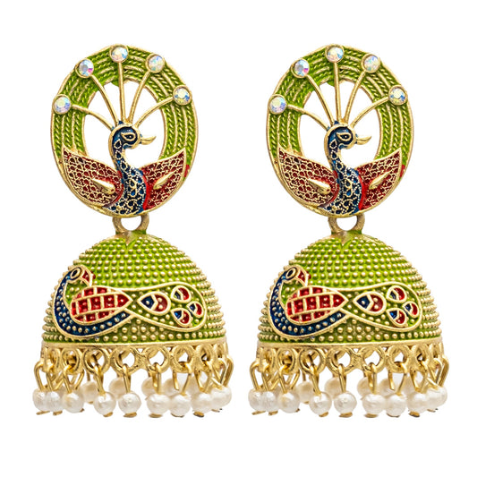 Traditional Indian Gold Plated Light Green Colour CZ, Crystal Studded Jhumka Earring For Women -Light Green (SJE_83_LG)