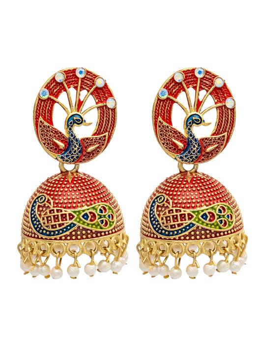 Traditional Indian Gold Plated Red Colour CZ, Crystal Studded Jhumka Earring For Women -Red (SJE_83_R)