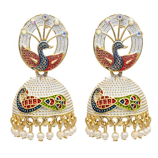 Traditional Indian Gold Plated White Colour CZ, Crystal Studded Jhumka Earring For Women-White (SJE_83_W)
