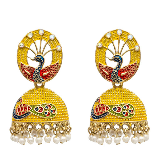 Traditional Indian Gold Plated Yellow Colour CZ, Crystal Studded Jhumka Earring For Women -Yellow (SJE_83_Y)