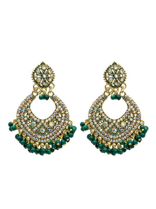 Traditional Indian Gold Green Colour CZ, Crystal Studded Chand Bali Earring For Women - Green(SJE_84_G)