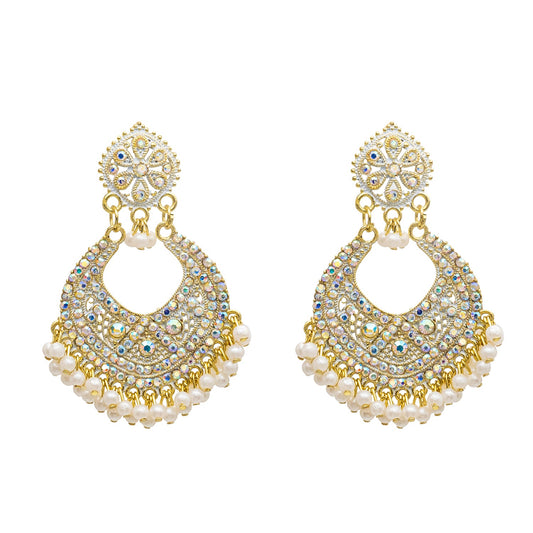 Traditional Indian Gold White Colour CZ, Crystal Studded Chand Bali Earring For Women -White (SJE_84_W)