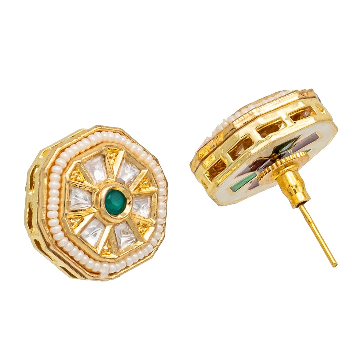 Traditional Indian Gold Plated Kundan,Polki,CZ,Pearls And Crystal Studded Bridal Stud Earring For women-Green(SJE_85_G)