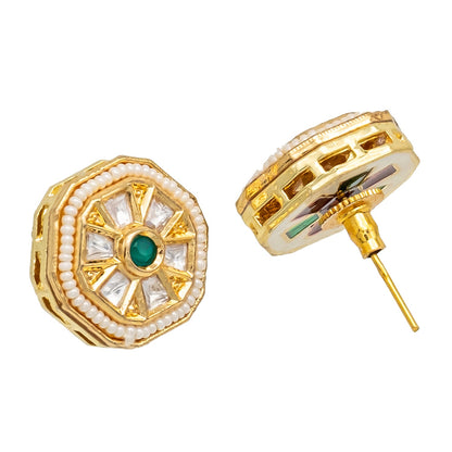 Traditional Indian Gold Plated Kundan,Polki,CZ,Pearls And Crystal Studded Bridal Stud Earring For women-Green(SJE_85_G)